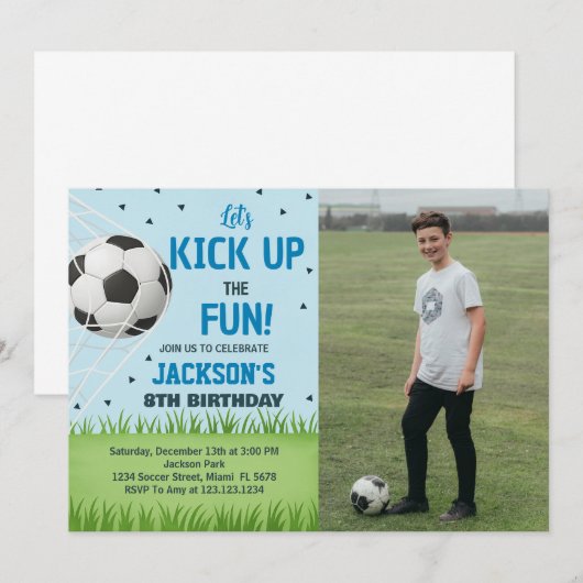 Kickoff Voetbal Verjaardag Uitnodiging met foto (Voorkant / Achterkant)