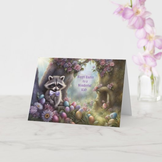 Kid Happy Easter Cute Raccoon and Easter Eggs Kaart (Orchidee)