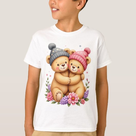Kid T-Shirt With Two Teddy Bears With Caps (Voorkant)