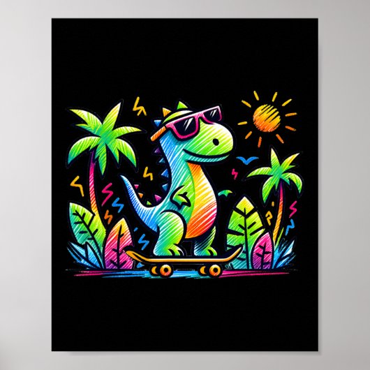 Kidcore Aesthetic Dinosaur Skateboarding Doodle Al Poster (Voorkant)