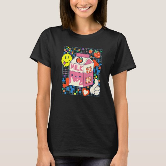 Kidcore Aesthetische aardbeienmelk Patches D T-shirt (Voorkant)