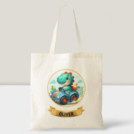Kiddie Cute Dino rijdt in een raceauto Tote Bag