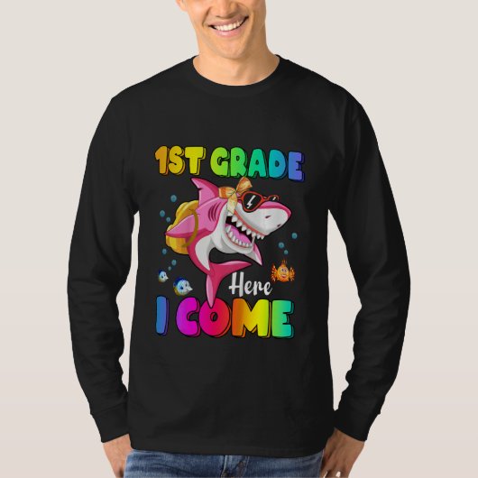 Kids 1st Grade Here I Come Shark Backpack Back To  T-shirt (Voorkant)