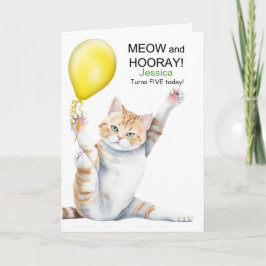 Kids 5th Birthday Cute Cartoon Cat with Name Kaart