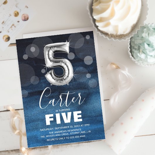 Kids 5th Birthday Silver Balloon | Blue Party Kaart