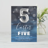 Kids 5th Birthday Silver Balloon | Blue Party Kaart (Staand voorkant)