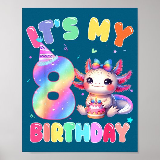 Kids 8 Year Old Bday Cute Axolotl It's My 8th Birt Poster (Voorkant)