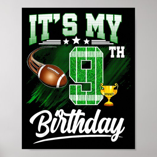 Kids 9 Year Old Its My 9th Birthday Football Theme Poster (Voorkant)