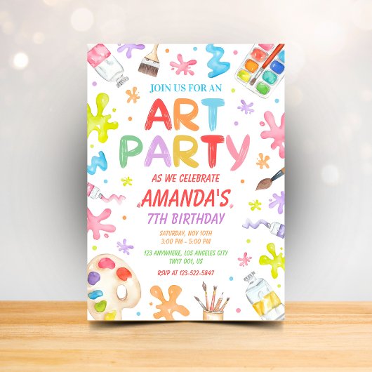 Kids Art Party Birthday Invitation Colorful Paint Kaart
