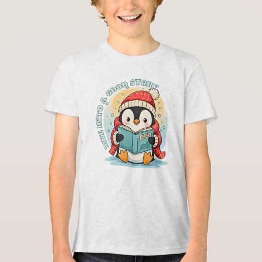 Kids' Ash Grey Reading Penguin Adventure Cotton Te Tri-Blend Shirt (Voorkant)