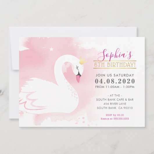 KIDS BIRTHDAY ARTIJ INVITE zwan princess gold roze Kaart (Voorkant)