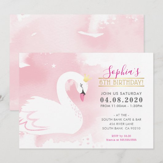 KIDS BIRTHDAY ARTIJ INVITE zwan princess gold roze Kaart (Voorkant / Achterkant)
