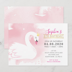 KIDS BIRTHDAY ARTIJ INVITE zwan princess gold roze Kaart