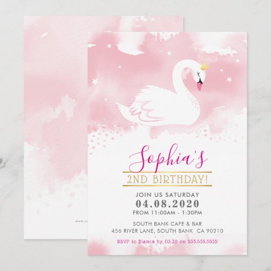 KIDS BIRTHDAY ARTIJ INVITE zwan princess gold roze Kaart (Voorkant / Achterkant)