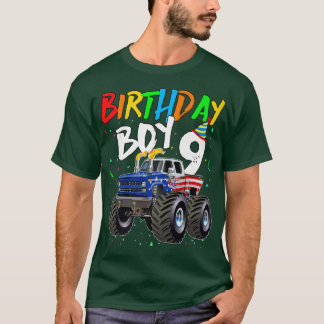 Kids Birthday Boy 9 Year Old Monster Truck Flag 9t T-shirt