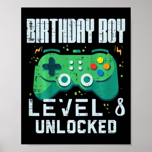 Kids Birthday Boy Level 8 Unlocked Gamer Controlle Poster (Voorkant)