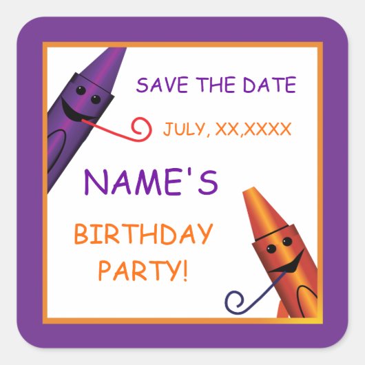 Kids Birthday Crayon Party Save the Date Sticker (Voorkant)