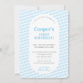 KIDS BIRTHDAY  gingham patroon boy blue Inv Kaart (Voorkant)