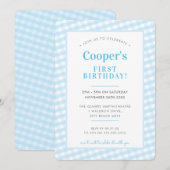 KIDS BIRTHDAY  gingham patroon boy blue Inv Kaart (Voorkant / Achterkant)