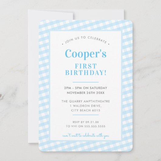 KIDS BIRTHDAY  gingham patroon boy blue Inv Kaart (Voorkant)