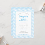 KIDS BIRTHDAY  gingham patroon boy blue Inv Kaart<br><div class="desc">door kat massard >> www.simplysweetPAPERIE.com <<< Een schattig uitnodigingsontwerp voor een eerste BIRTHDAY-PARTIJ voor een gevoel TIP : 1. Om grafiek & doopvonten te veranderen/te bewegen en meer tekst toe te voegen - klik de "pas het"knoop aan. - - - - - - - - - - - - -...</div>