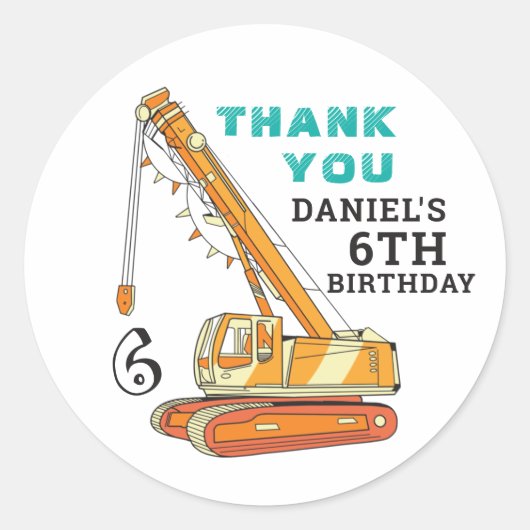 Kids Birthday Party Crane Excavator Construction Ronde Sticker (Voorkant)