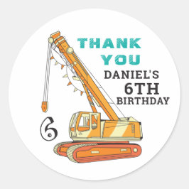 Kids Birthday Party Crane Excavator Construction Ronde Sticker
