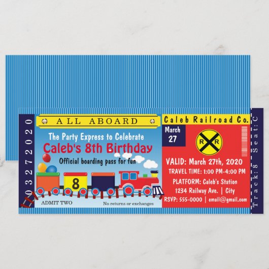 Kids Birthday Party Travel treinkaartje uitnodigin Kaart (Voorkant / Achterkant)