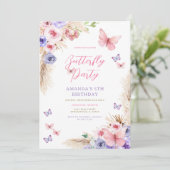 Kids Birthday Pink Purple Butterflies Kaart (Staand voorkant)