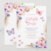 Kids Birthday Pink Purple Butterflies Kaart (Voorkant / Achterkant)