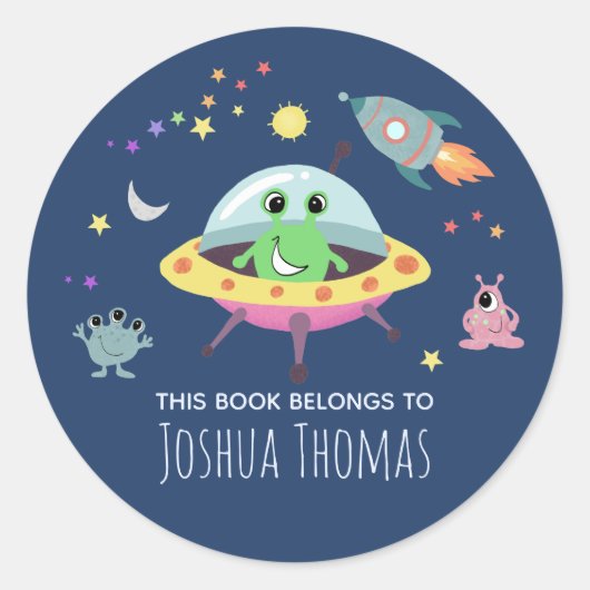 Kids Blue Alien Monster Space Boys Bookplate Ronde Sticker (Voorkant)