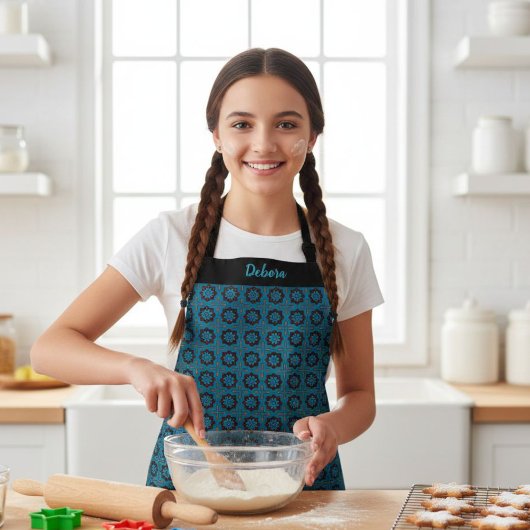Kids' Blue Geometric Pattern Custom Name Apron Schort