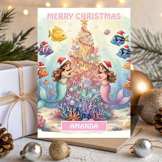 Kids Christmas Mermaid Coral Celebration Feestdagen Kaart