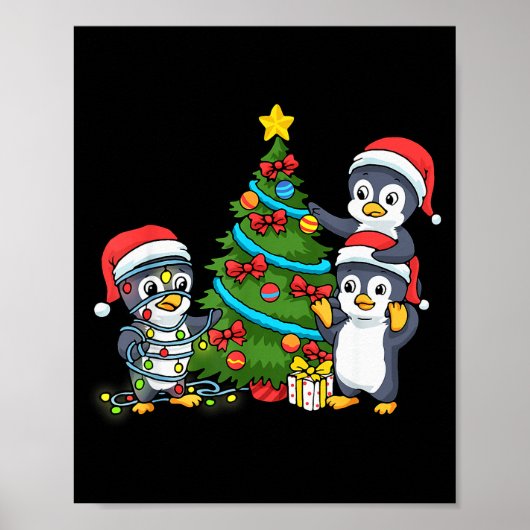 Kids Christmas Penguin Christmas Tree Lights Baubl Poster (Voorkant)