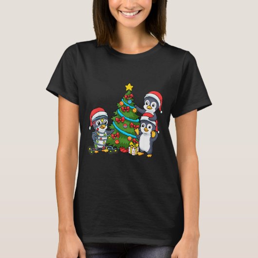 Kids Christmas Penguin Christmas Tree Lights Baubl T-shirt (Voorkant)