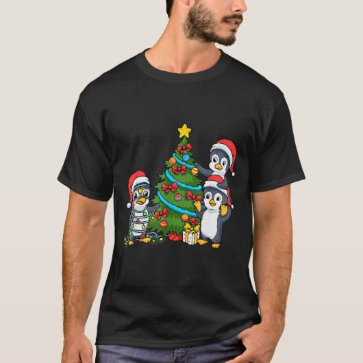 Kids Christmas Penguin Christmas Tree Lights Baubl T-shirt (Voorkant)