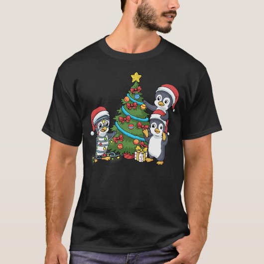 Kids Christmas Penguin Tshirt Christmas Tree Light (Voorkant)