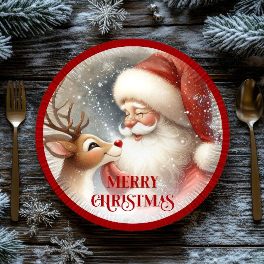 Kids Christmas Plates with Cute Santa and Rudolph Papieren Bordje