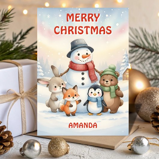 Kids Christmas Snowman & Little Animals Feestdagen Kaart