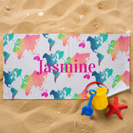 Kids Colorful World Map Personalized Name Monogram Strandlaken