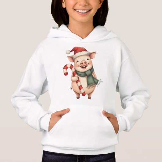 Kids Cute Christmas Pig with Candy Cane Hoodie (Voorkant)