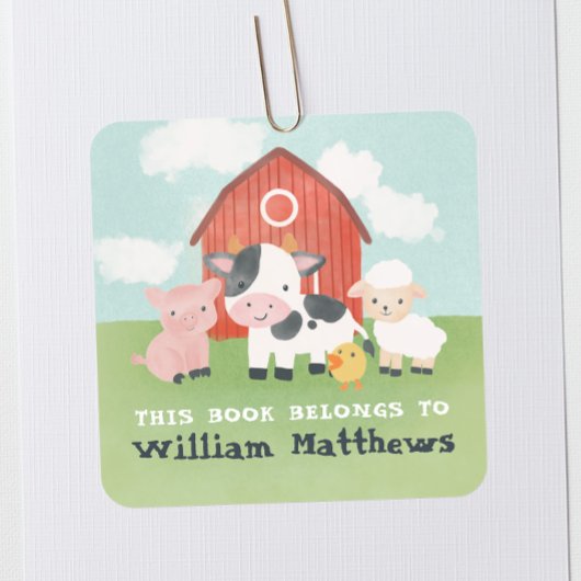 Kids Cute Farm Animal School Library Bookplate Vierkante Sticker