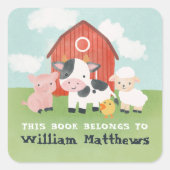 Kids Cute Farm Animal School Library Bookplate Vierkante Sticker (Voorkant)