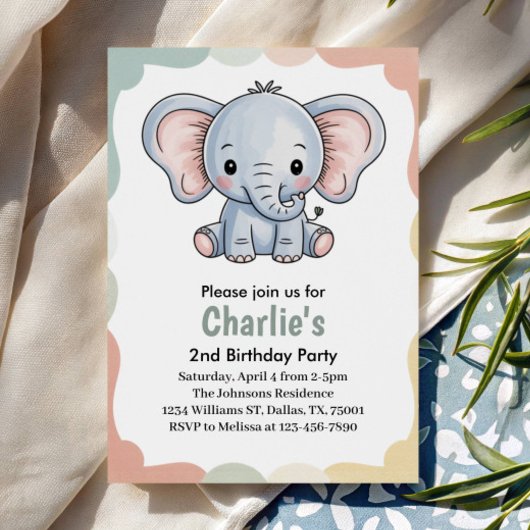 Kids Cute Green Elephant 2nd Birthday Party Kaart