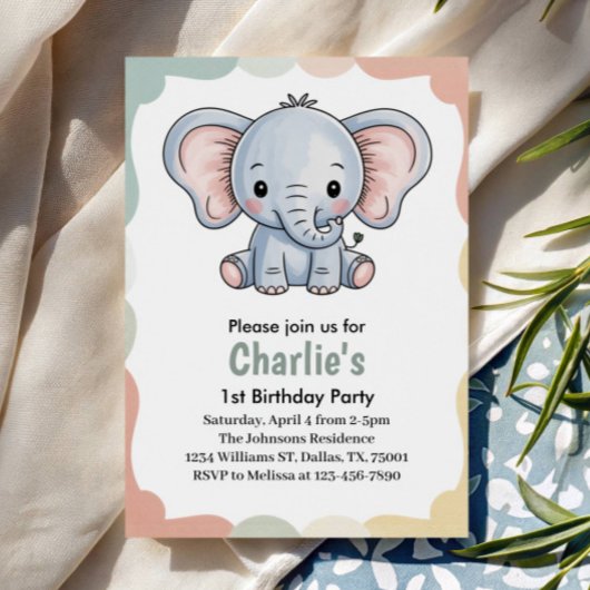 Kids Cute Green Elephant Birthday Party Kaart