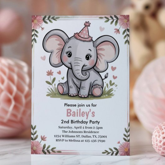 Kids Cute Pink Elephant 2nd Birthday Party Kaart