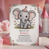 Kids Cute Pink Elephant 2nd Birthday Party Kaart