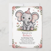 Kids Cute Pink Elephant 2nd Birthday Party Kaart (Voorkant)