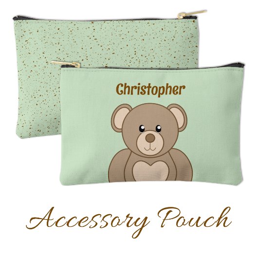 Kids cute teddy bear add a name brown green etui