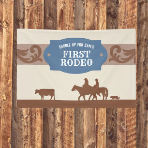 Kids Eerste Rodeo Blauw/Bruin Westerse Verjaardags Spandoek